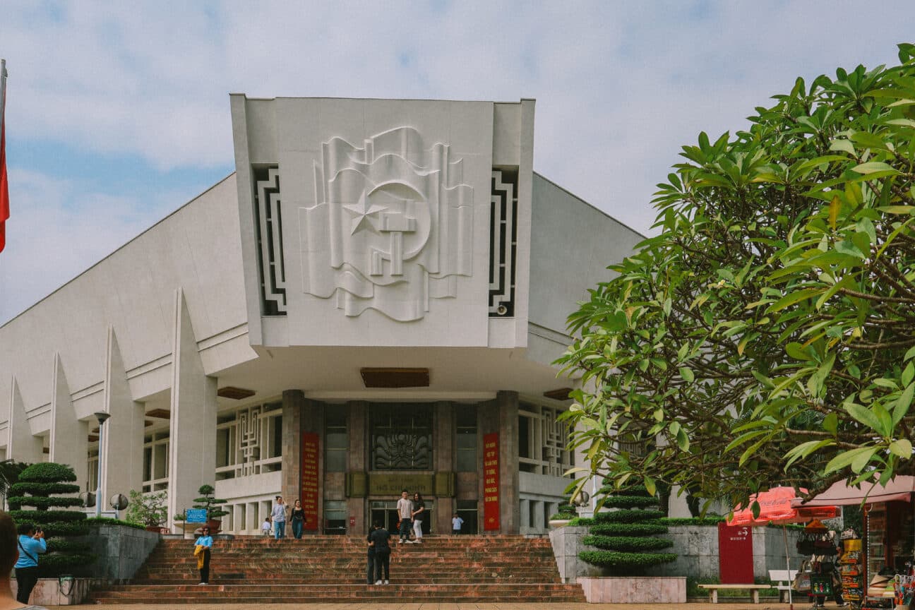 Ho Chi Minh Museum facade with socialist art. Things to do in Hanoi, Vietnam.
