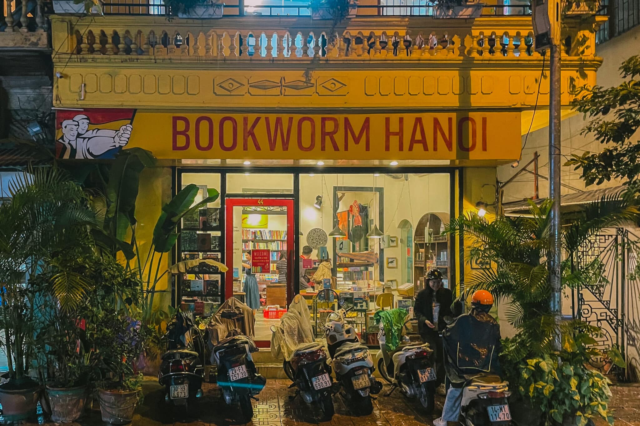 Bookworm Hanoi bookstore at night. One of the best things to do in Hanoi for book lovers.