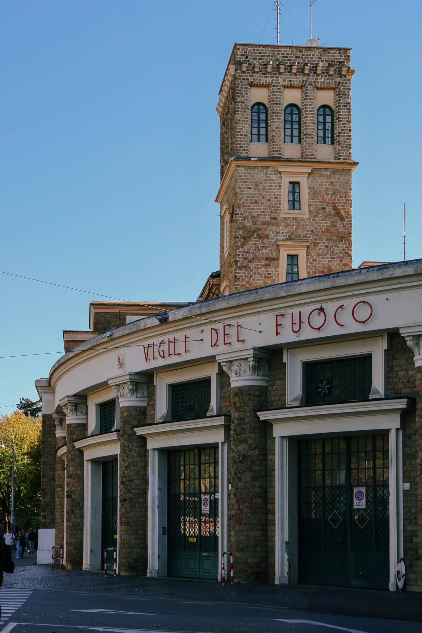 Rome fire station, "Vigili Del Fuoco" (Fire Watch), with a stone tower.